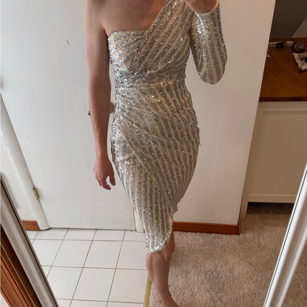 Lulu's Glittering Silver One-Shoulder Dress
